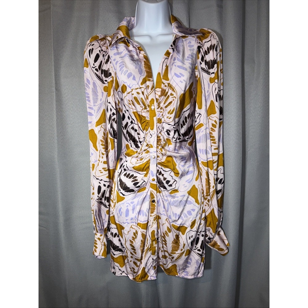 For Love & Lemons Esmeralda Butterfly Print Mini Shirt Dress Size S Ruched Pink